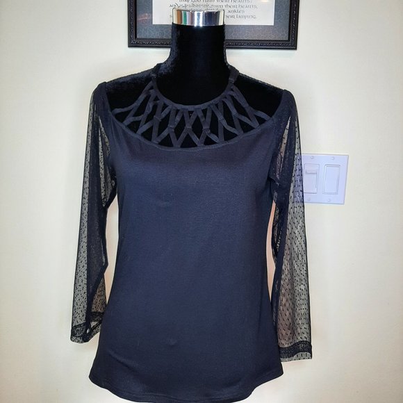Brand New Sexy  Black Criss-Cross Cold Shoulder Sheer Lace Sleeve - Picture 5 of 11